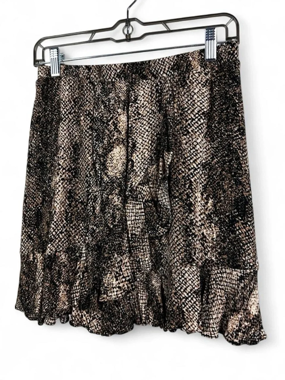 Scully black and beige snake print polyester mini skirt with ruffle hem